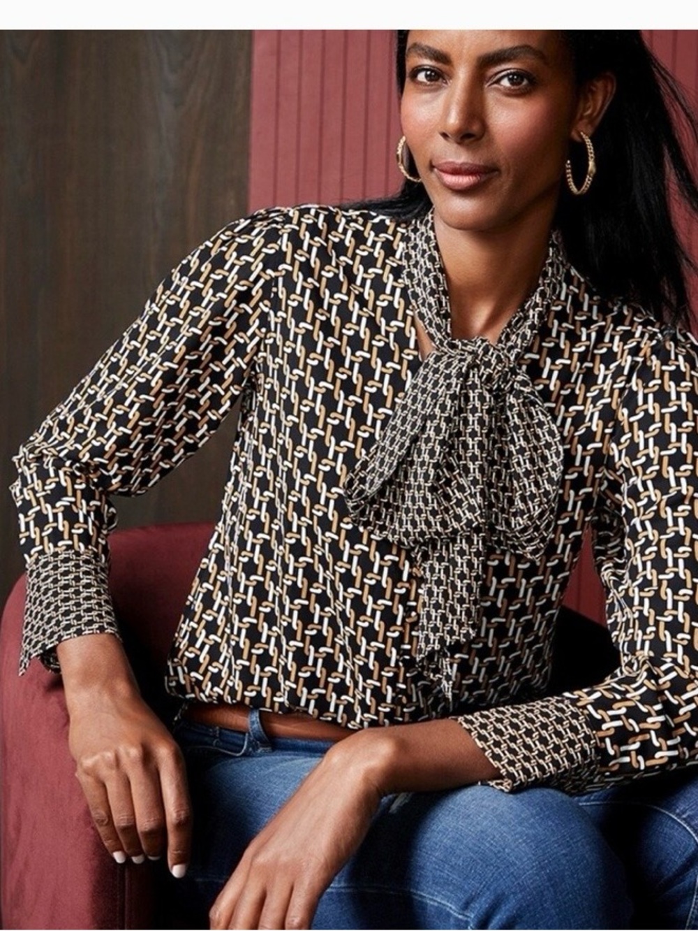 Chico's Black & Cream Geometric Tie-Neck Blouse 
Size US 12/14